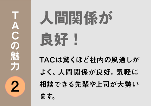 TACの魅力２：「人間関係が良好！」TACは驚くほど社内の風通しがよく、人間関係が良好。気軽に相談できる先輩や上司が大勢います。